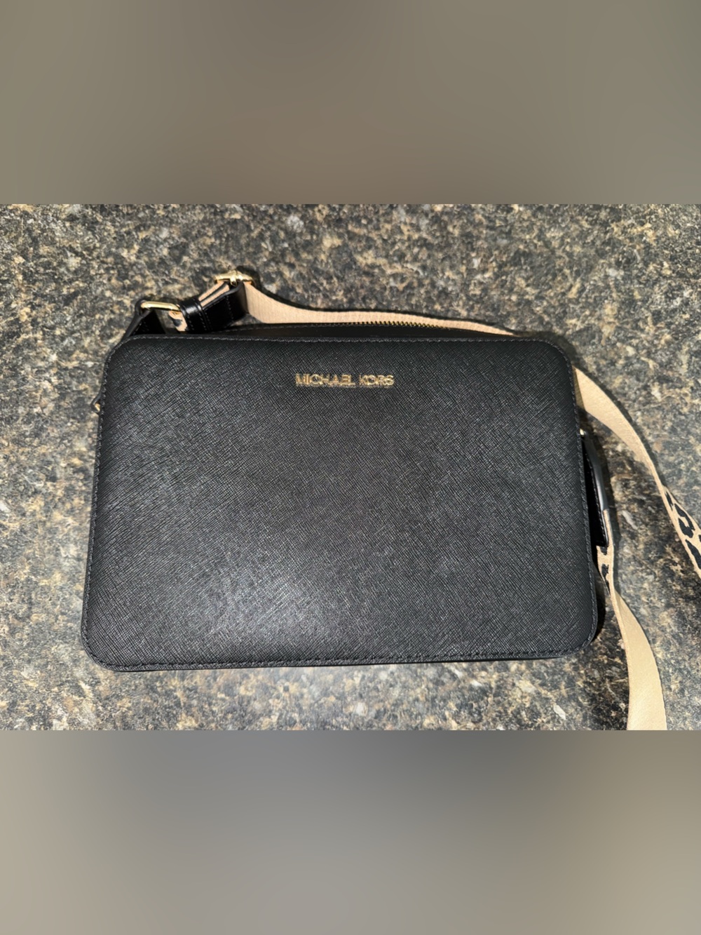 Michael Kors Black Crossbody Bag with Beige cheetah Strap